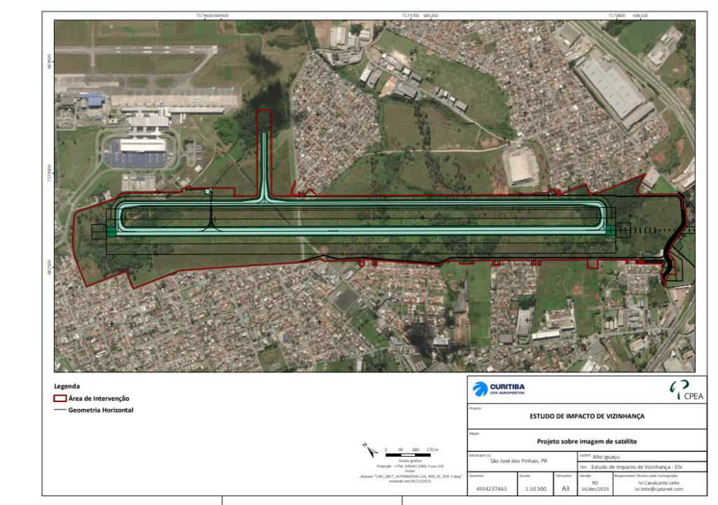 Imagem de satélite sobre aeroporto Afonso Pena. Através de edição, está delimitado onde a nova pista será construída.