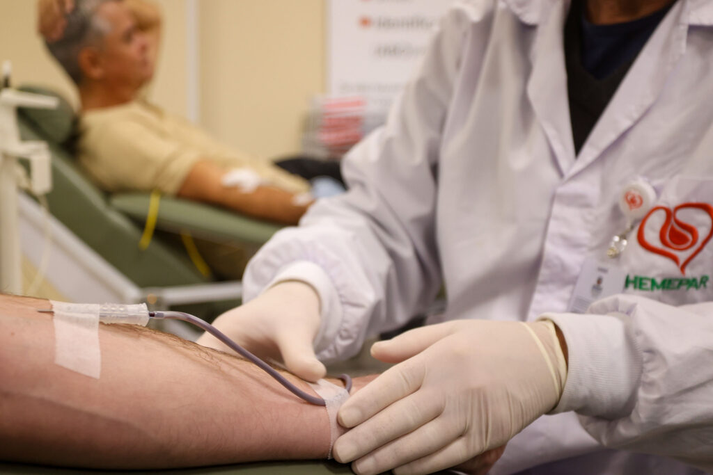 Profissional de enfermagem insere agulha para coleta de sangue