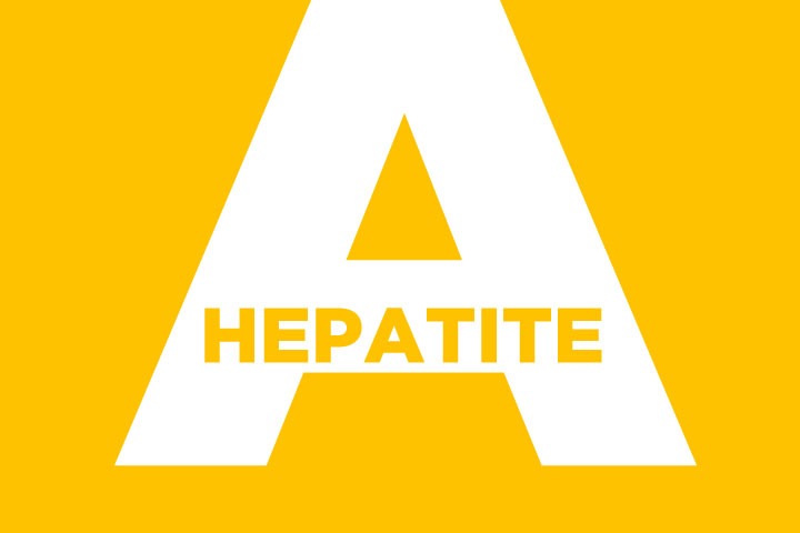 Painel de fundo amarelo. Ocupando quase toda a tela tem a letra "A" em caixa alta, o preenchimento é branco. Dentro da letra A, em amarelo, está escrito "HEPATITE" em caixa alta.