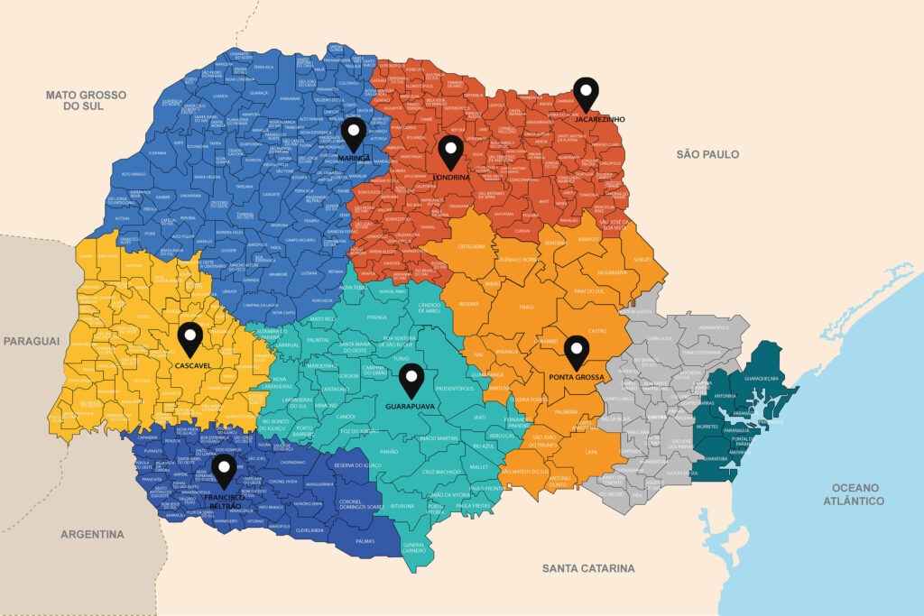 Mapa das macroregiões nas quais cada núcleo regional vai atuar