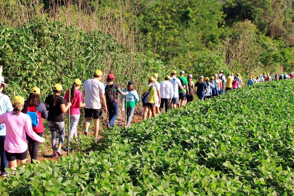 Pessoas caminham em fila singular por região rural.