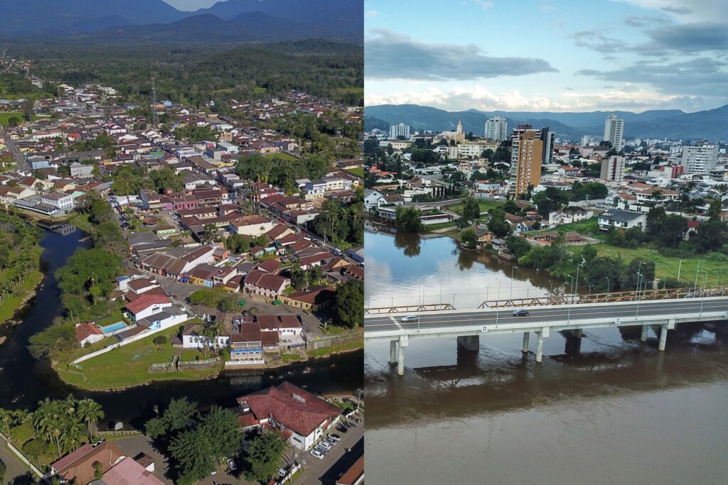 Montagem de duas fotos. A divisória da foto é exatamente no meio. Ao lado esquerdo, uma cidade com um canal, ao lado esquerdo, uma ponte passando por cima de um rio.