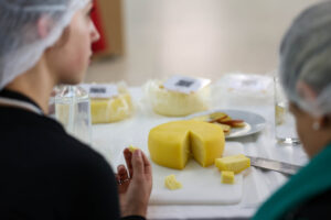 Duas pessoas olham para bloco circular de queijo com uma fatiada cortada