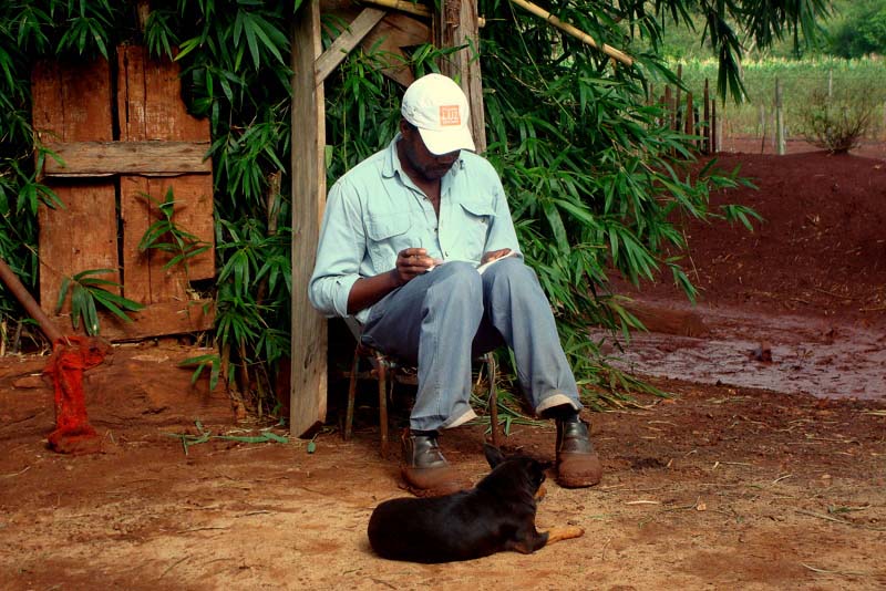 Pessoa de pele negra sentada em banco de madeira. Chão de barro e cachorro de pequeno porte estão em volta de suas botas pretas. A pessoa veste um boné branco, camisa azul e calça jeans azul