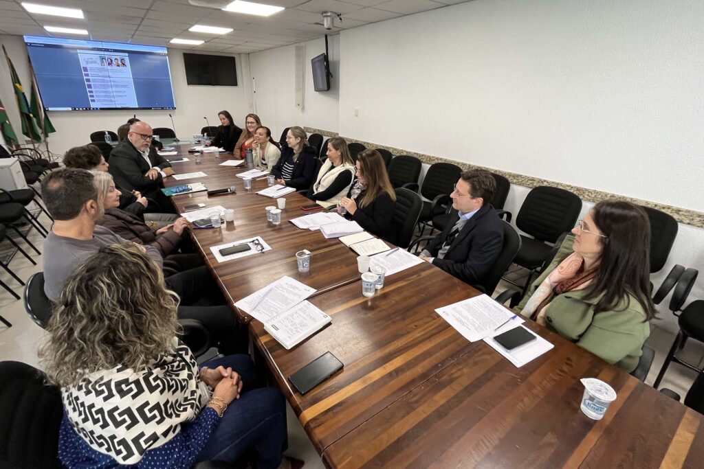 Mesa de reunião retangular. Várias pessoas dos dois lados da mesa