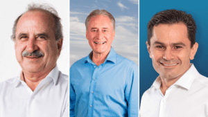 Imagem traz os três candidatos empatados em Cascavel: Renato Silva (home, branco, idoso, calvo), Edgar Bueno (homem, branco, idoso, calvo) e Marcio Pacheco (homem, branco, levemente calvo).