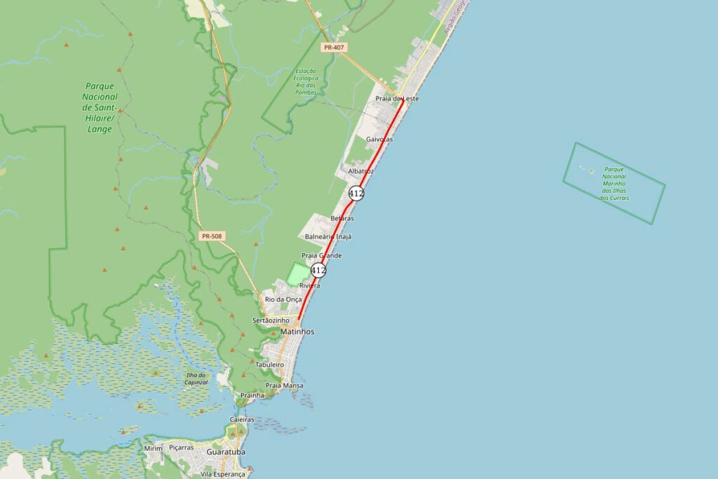 Mapa destacando a estrada entre Matinhos e Praia de Leste que deve ser duplicada