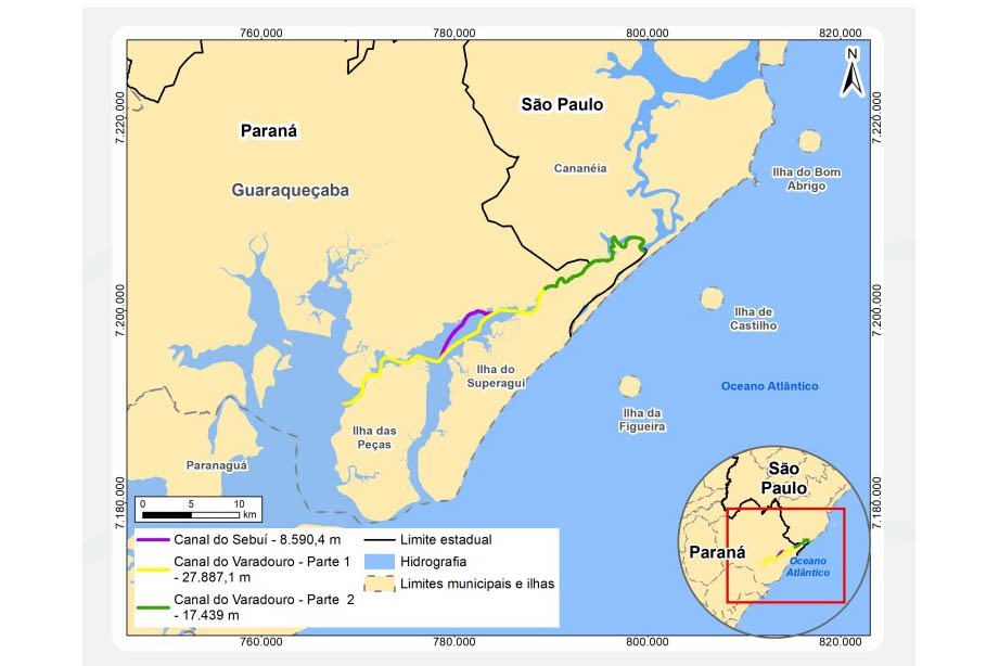 Mapa do litoral do Paraná com Canal do Varadouro destacado