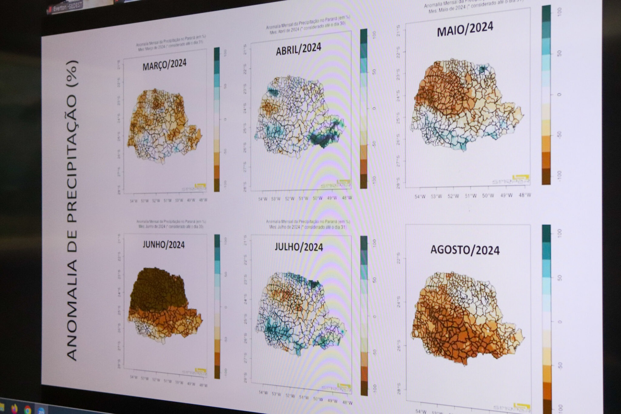 Seis mapas do Paraná mostrando as anomalias de precipitação
