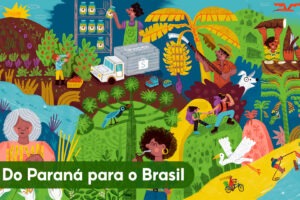 Painel de divulgação. Uma paisagem com símbolos paranaenses como uma pessoa tomando chimarrão, araucárias, plantações de banana e pinhão. Também é possível ver um caminhão da Shopee ao fundo