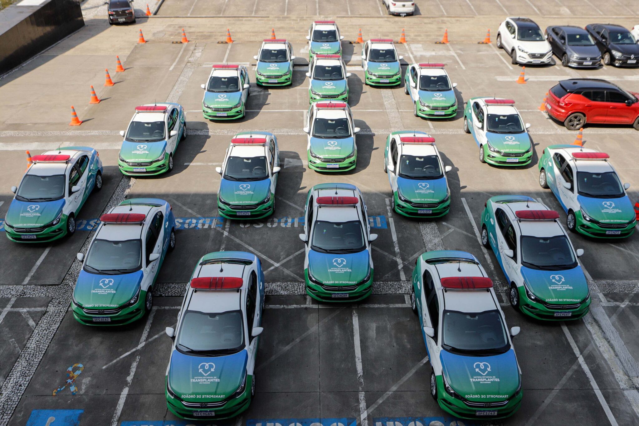 Imagem aérea de frota de carros estacionados formando uma seta em direção à câmera. Os carros são primariamente da cor verde mas tem o teto externo pintado na cor branca e possuem uma sirene instalada no mesmo teto.