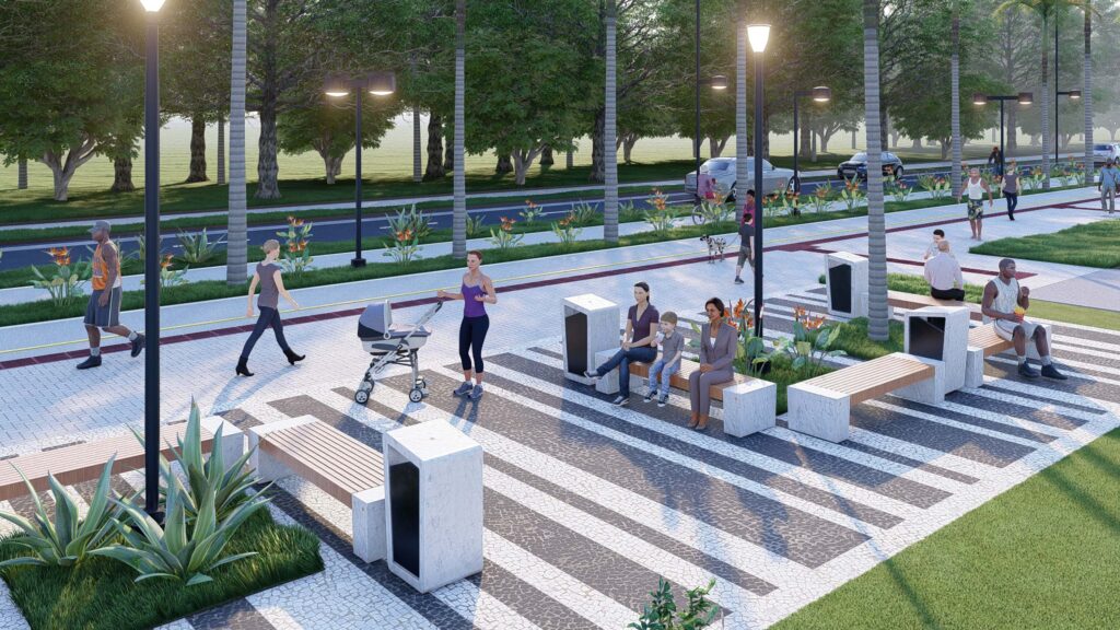 Renderização de projeto arquitetônico. Nessa imagem é possível ver uma pequena praça com bancos ao lado de uma calçada.