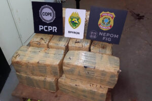 Blocos de droga embalada são empilhados para registro. Em cima do cubo de drogas apreendidas, três placas: Polícia Civil do Paraná, Polícia Militar do Paraná, Polícia Federal