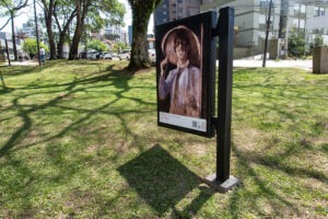 Poste de metal com obra de arte em praça com grama