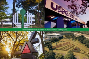 Colagem de quatro fotos com uma faixa verde atravessando de lado a lado. Dentro da faixa verde, escrito em letra branca, "Universidades estaduais do Paraná no World University Rankings 2025"