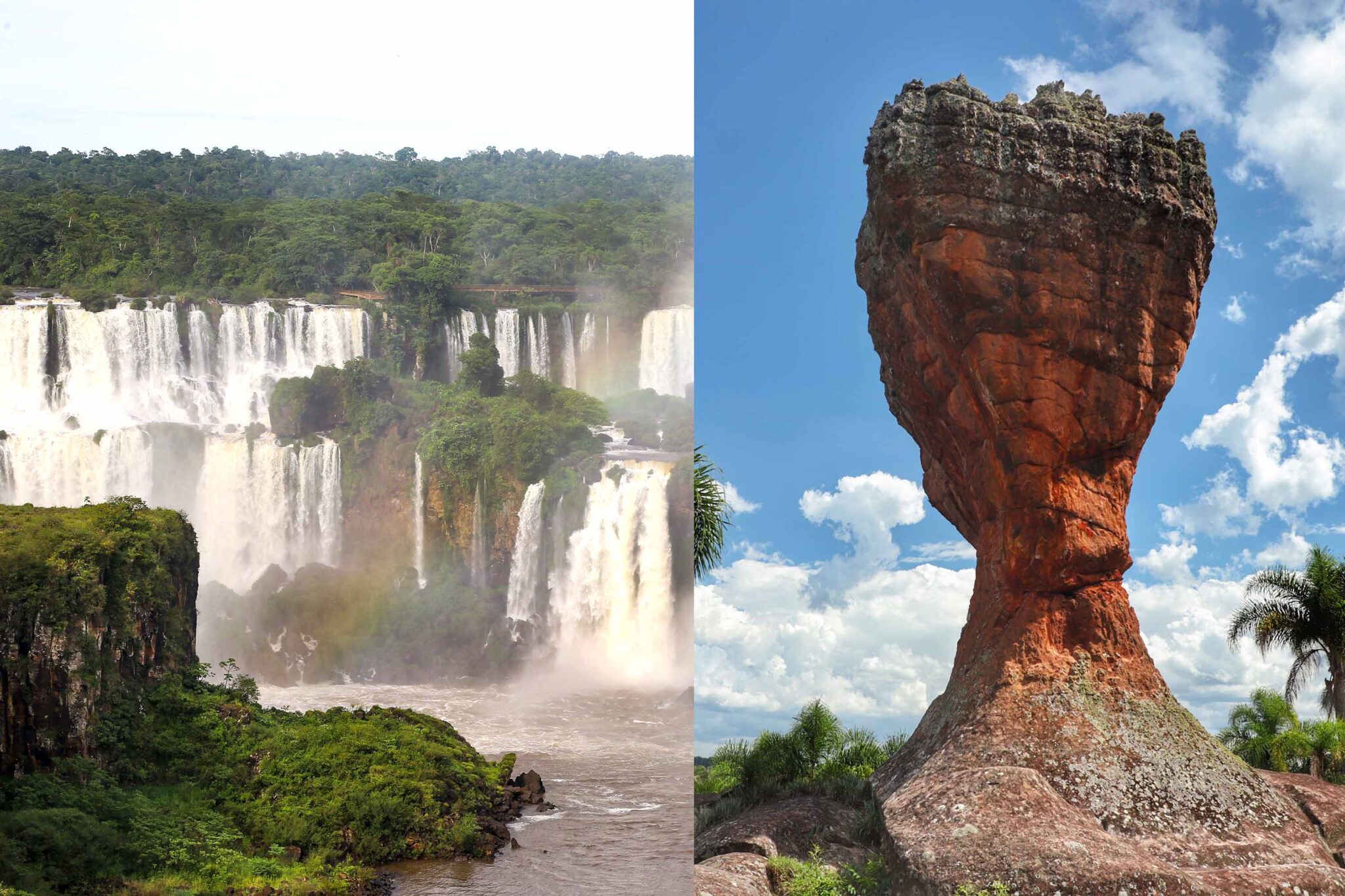 Colagem de duas fotos. Á esquerda, uma foto das Cataratas do Iguaçu, à direita, uma foto de formação rochosa do Parque de Vila Velha