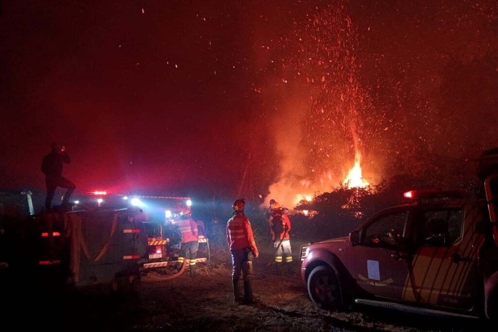 A imagem retrata bombeiros combatendo um incêndio florestal em um cenário noturno. Chamas intensas iluminam a área, enquanto faíscas e fumaça preenchem o ar. O foco está nos profissionais equipados, utilizando mangueiras conectadas a veículos especializados para controlar o fogo. A iluminação das viaturas e os reflexos nos uniformes destacam a atmosfera de emergência.