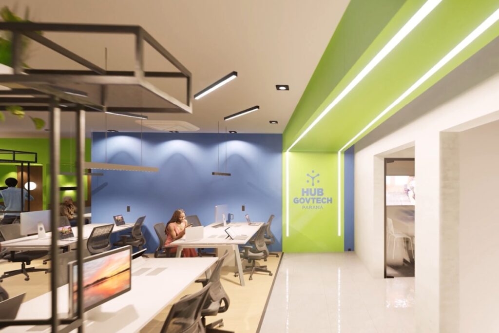 Imagem ilustrativa mostra como deve ficar a sede do Hub GovTech no Canal da Música, em Curitiba