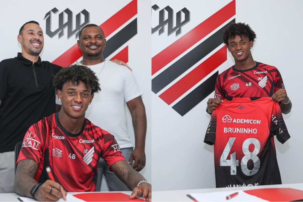 Montagem de fotos retratando a assinatura da renovação de contrato do jogador Bruninho com o Athletico